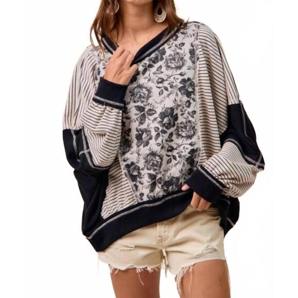 BIBI Tops - NEW BIBI rose twill and stripe mix and match top in grey/black